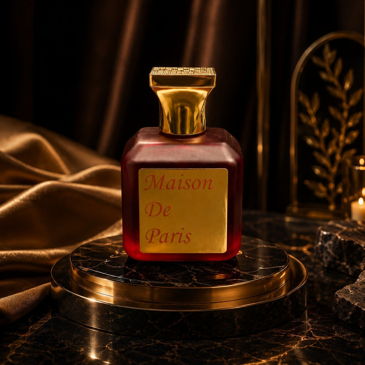 Flacon de parfum My Store en verre dépoli rouge avec plaque dorée et bouchon sculptural sur socle en marbre noir