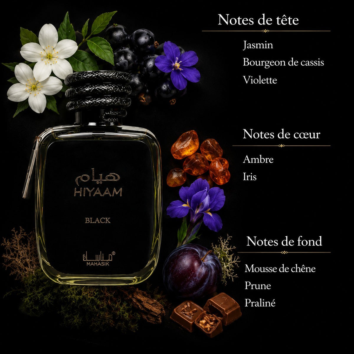Flacon de parfum My Store Hiyaam Black entouré de jasmin, cassis, ambre, iris, prune et praliné sur fond noir