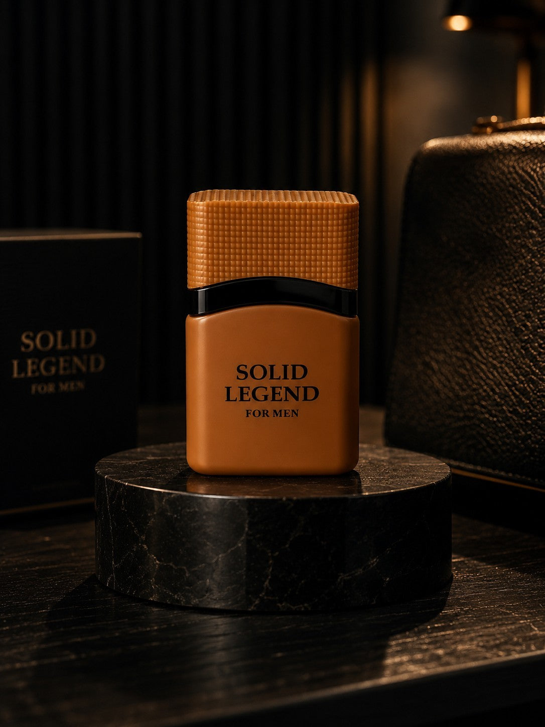 Flacon de parfum My Store Solid Legend pour homme au design texturé marron posé sur un socle en marbre noir