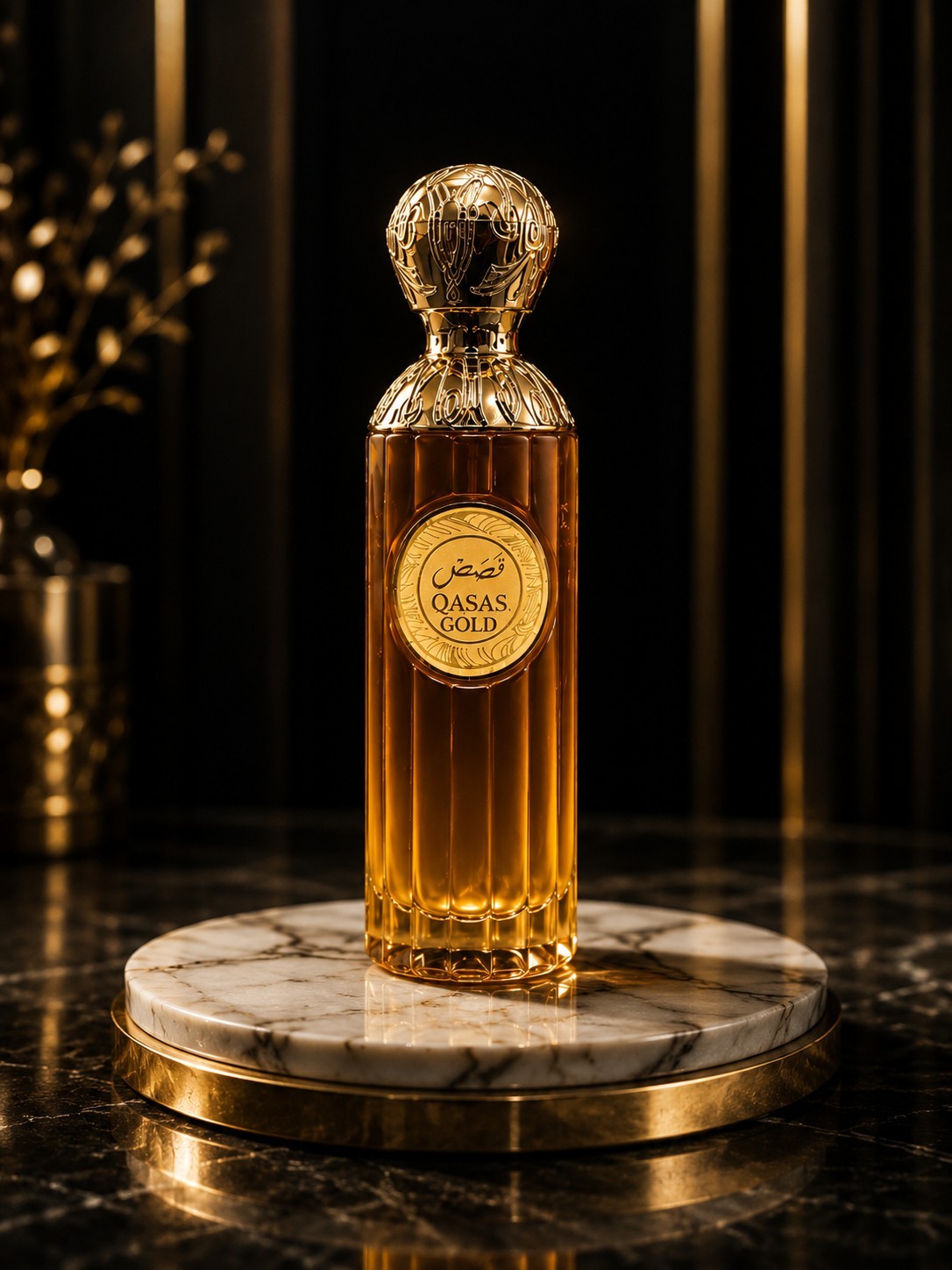 Flacon de parfum My Store Qasas Gold en verre ambré avec capuchon doré ciselé sur un socle en marbre luxueux